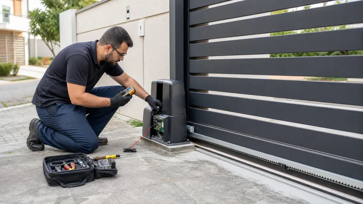 Profissional verificando a instalação de um portão automático